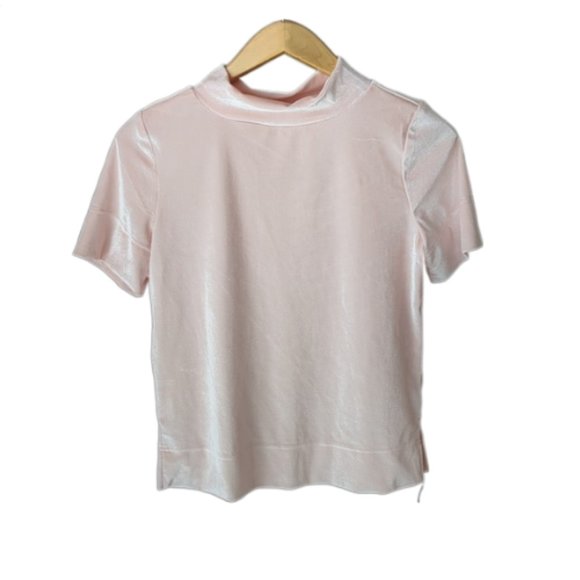 Anthropologie Krista Pink Velvet Mock Neck Short Sleeve Top l Size XS - Picture 2 of 3